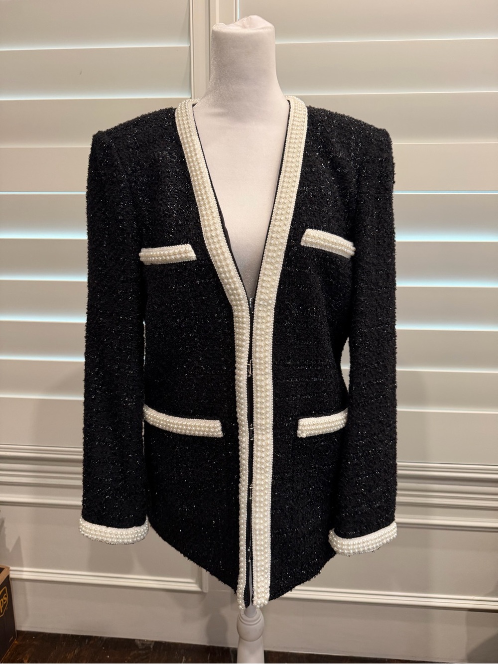 Veronica Beard Kemsley Black Tweed Open-Front Jacket with faux pearl trim